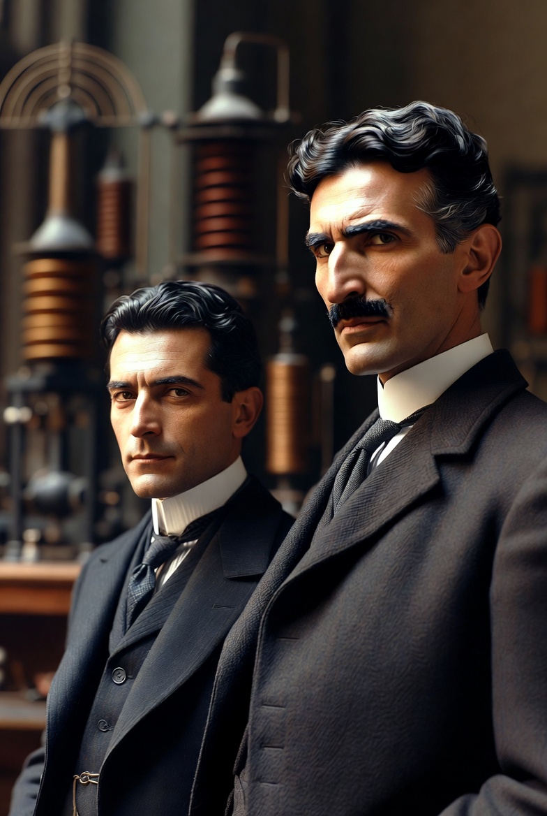 A respectful image of Guglielmo Marconi and Nikola Tesla for hamencounters.com