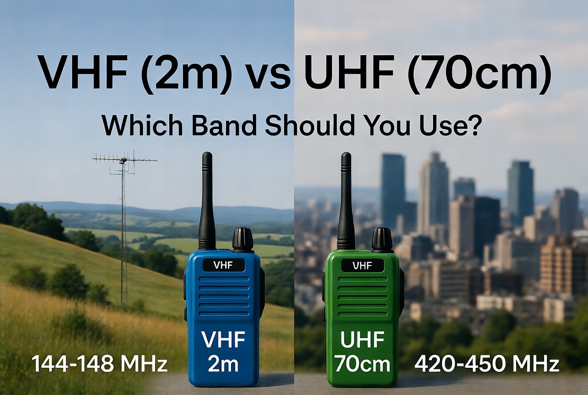 VHF (2m) vs UHF (70cm) in Ham Radio image showing open land and urban in the background.